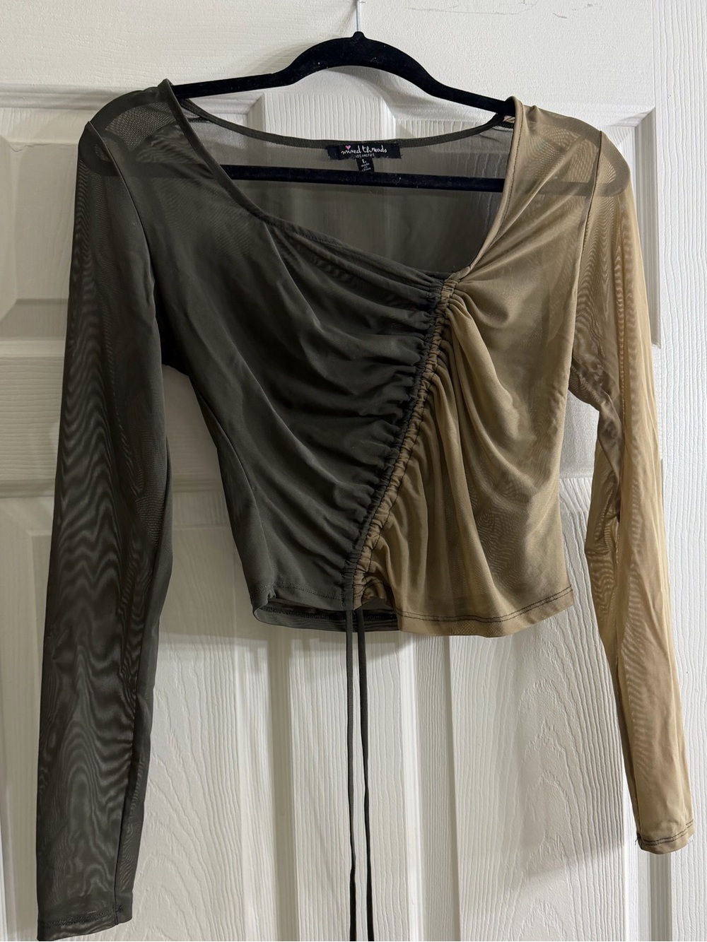 Two-Tone Ruched Mesh Crop Top - Olive & Tan